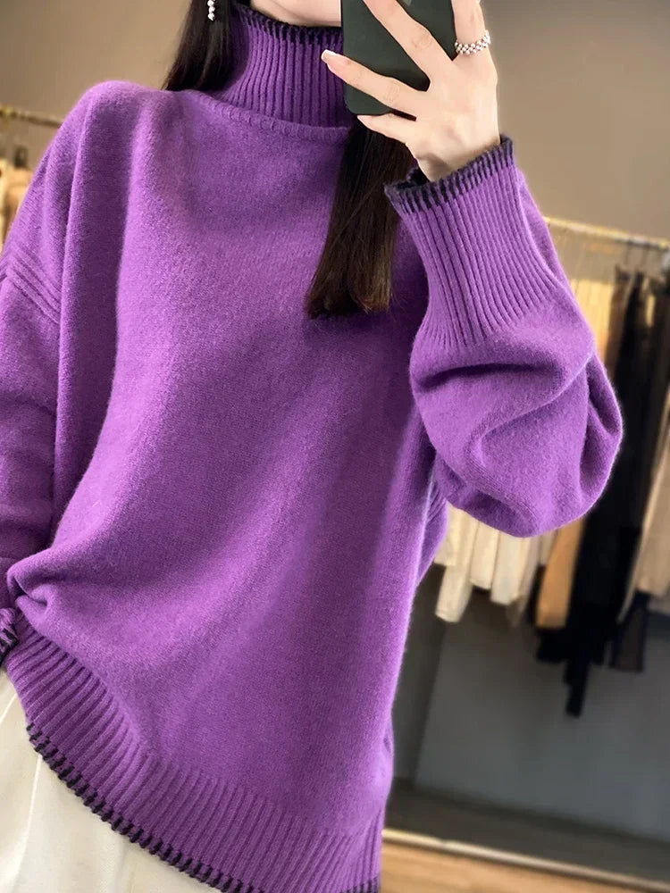 Pure Wool Cashmere Sweater Women's 2024 Autumn Winter New Turtleneck Pullover Fashion Loose Large Size High Neck Knit Tops