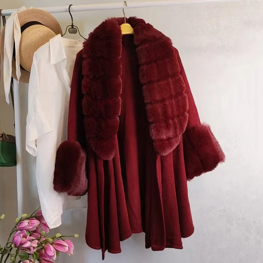 Wide Lapel Faux Rabbit Fur Cape Coat Women Winter Loose Knit Cloak Cardigan Soft Poncho Wraps Overcoat New