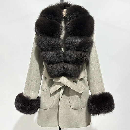 Fur Coat Natural Fur Collar Real Fox Fur Overcoat Female 2025 Autumn Winter Wool Coat Women Clothes Cuffs Woolen Jacket