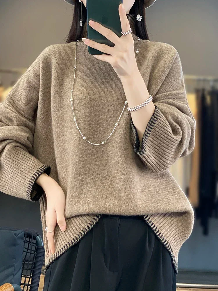 Pure Wool Cashmere Sweater Women's 2024 Autumn Winter New Turtleneck Pullover Fashion Loose Large Size High Neck Knit Tops