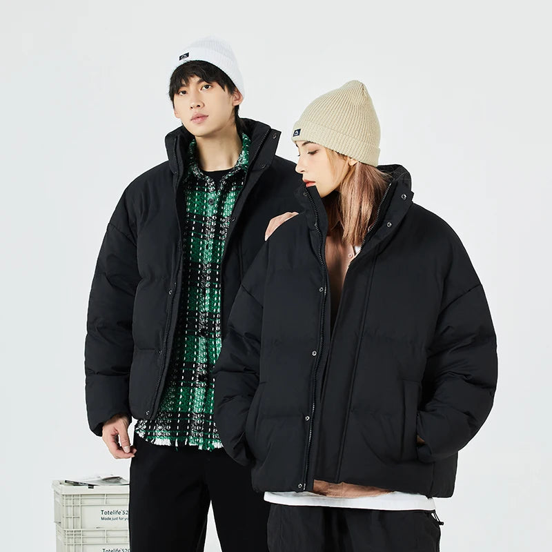 Unisex stand collar white solid color down Jacket Warm Jackets Winter coat Loose Casual thick cotton Padded filled overCoat