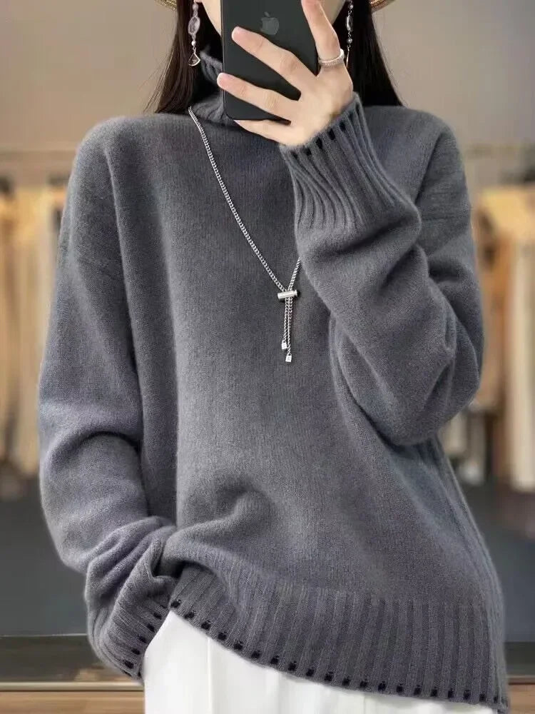 Pure Wool Cashmere Sweater Women's 2024 Autumn Winter New Turtleneck Pullover Fashion Loose Large Size High Neck Knit Tops
