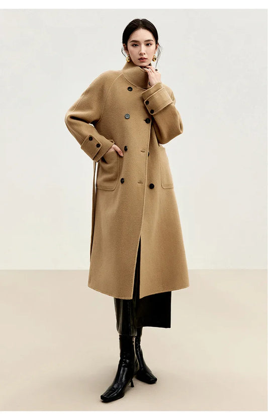 Korean Style 100% Wool Coats for Women 2024 Winter Oversize Warm Double Breasted Stand Neck Belted Outerwear W44O56385