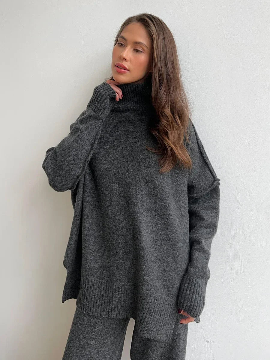 Turtleneck Sweater Set Women's European, American Autumn and Winter New Loose Casual Lazy Thickened Knitted Trousers Set