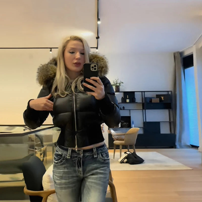 Short Down Women's Jacket Faux Fur Collar Hat Detachable Sleeves Coat Slim Warm Outwears 2025 Winter Thicken Coats