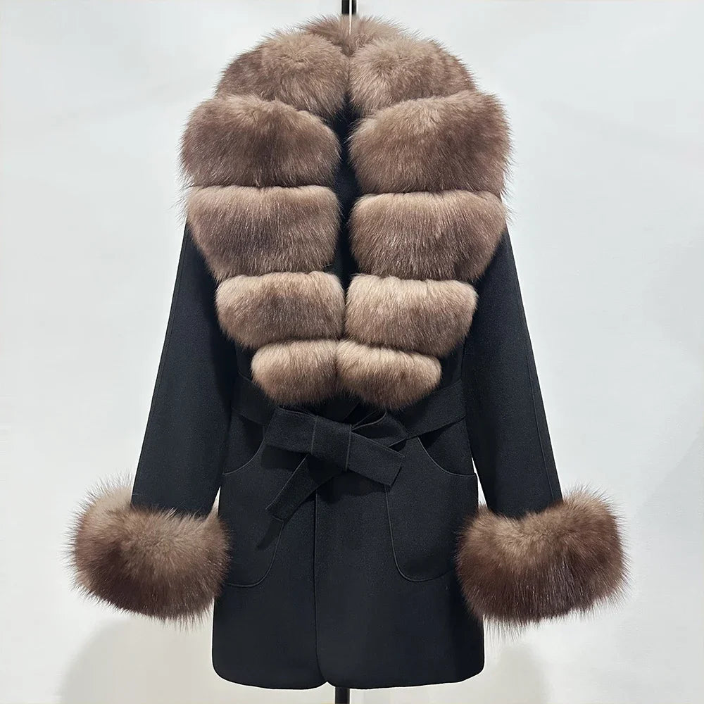 Fur Coat Natural Fur Collar Real Fox Fur Overcoat Female 2025 Autumn Winter Wool Coat Women Clothes Cuffs Woolen Jacket
