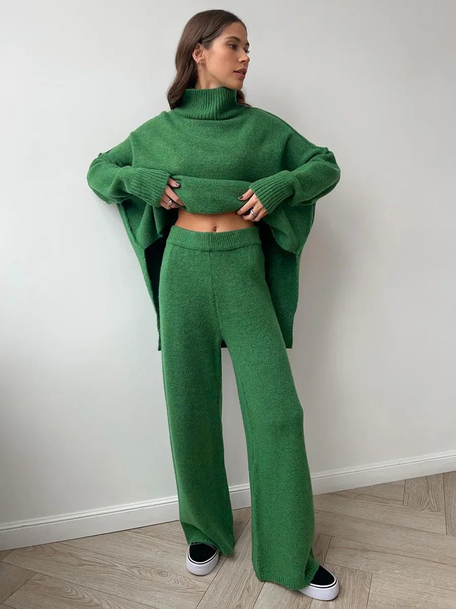 Turtleneck Sweater Set Women's European, American Autumn and Winter New Loose Casual Lazy Thickened Knitted Trousers Set