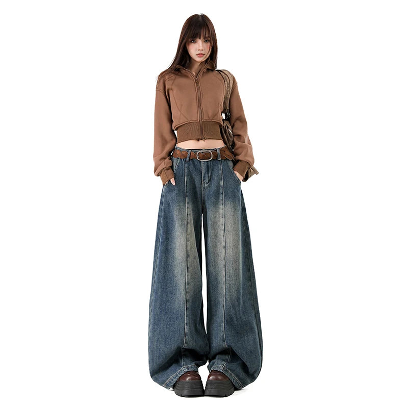 American Retro Plush Curved Knife Jeans – Autumn/Winter Wide-Leg Denim
