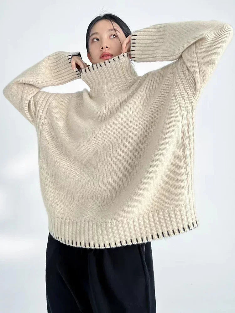 Pure Wool Cashmere Sweater Women's 2024 Autumn Winter New Turtleneck Pullover Fashion Loose Large Size High Neck Knit Tops