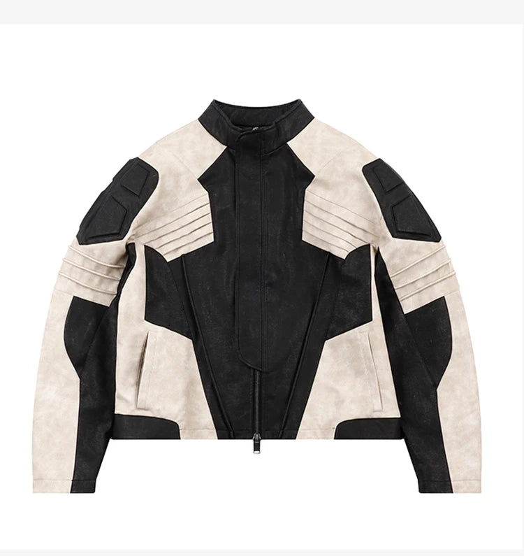 Mauroicardi Spring Autumn Cool Color Block Patchwork Pu Leather Jacket Men Zip Up Luxury Designer Clothes Runway Fashion 2023