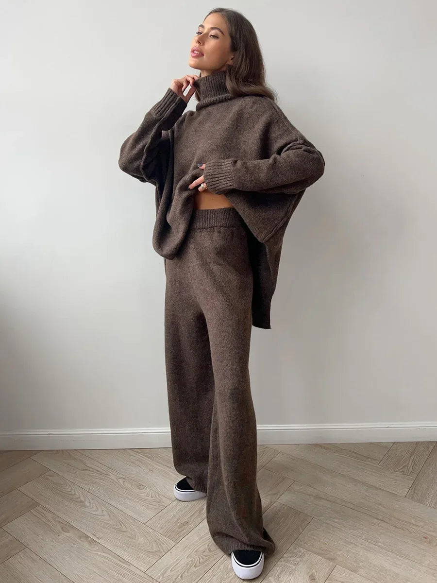 Turtleneck Sweater Set Women's European, American Autumn and Winter New Loose Casual Lazy Thickened Knitted Trousers Set
