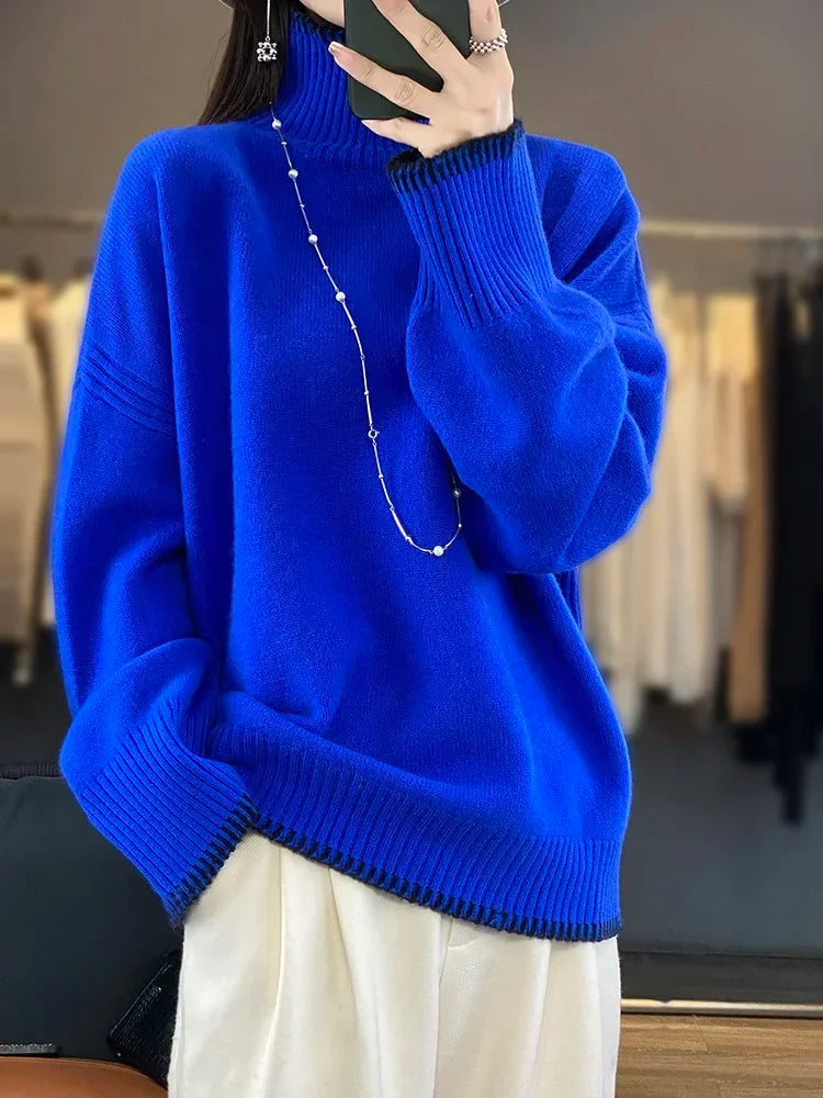 Pure Wool Cashmere Sweater Women's 2024 Autumn Winter New Turtleneck Pullover Fashion Loose Large Size High Neck Knit Tops
