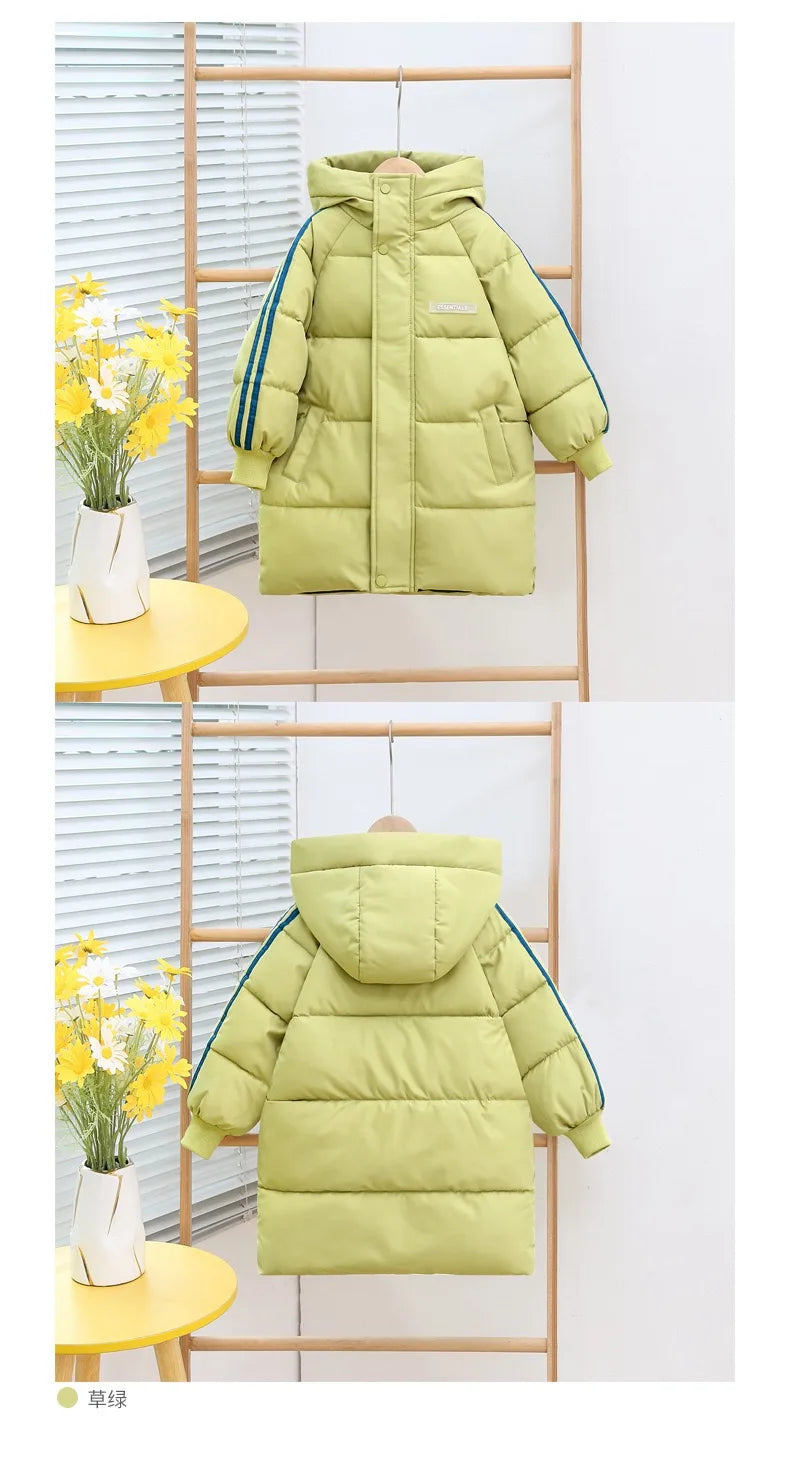Boys Girls Cotton-Padded Coats Kids Long Down Autumn Winter Teen Cotton Clothes Outerwear Big Children Thicken Warm Jacket
