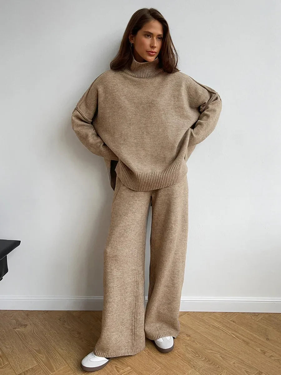 Turtleneck Sweater Set Women's European, American Autumn and Winter New Loose Casual Lazy Thickened Knitted Trousers Set