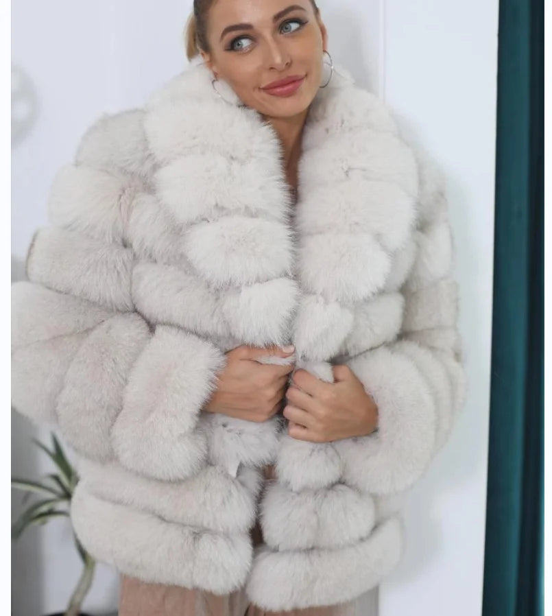 Women's Real Fox Fur Jacket with Large Lapel Detachable Sleeves Warm Stylish Winter Coat Fashionable Animal Skin Outerwear