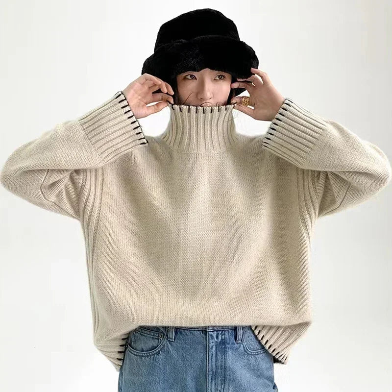 Pure Wool Cashmere Sweater Women's 2024 Autumn Winter New Turtleneck Pullover Fashion Loose Large Size High Neck Knit Tops