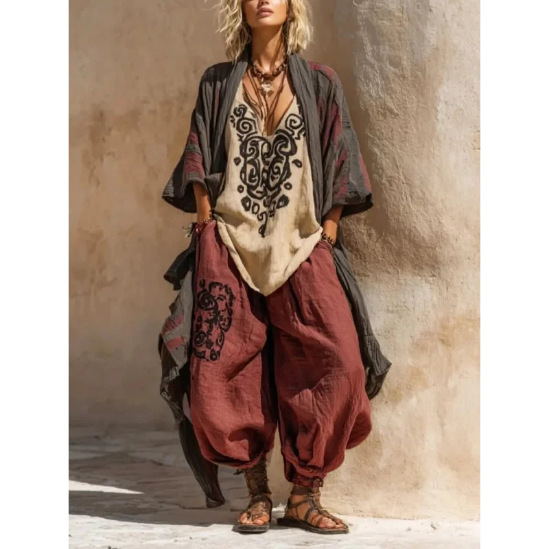 Conjunto de tres piezas para mujer: top suelto con estampado tribal, pantalones harén, cárdigan abierto frontal, atuendo cómodo e informal