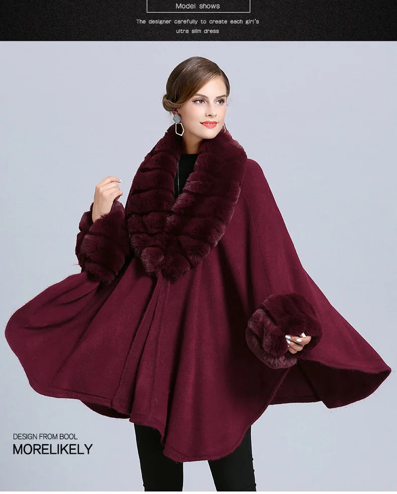 Wide Lapel Faux Rabbit Fur Cape Coat Women Winter Loose Knit Cloak Cardigan Soft Poncho Wraps Overcoat New