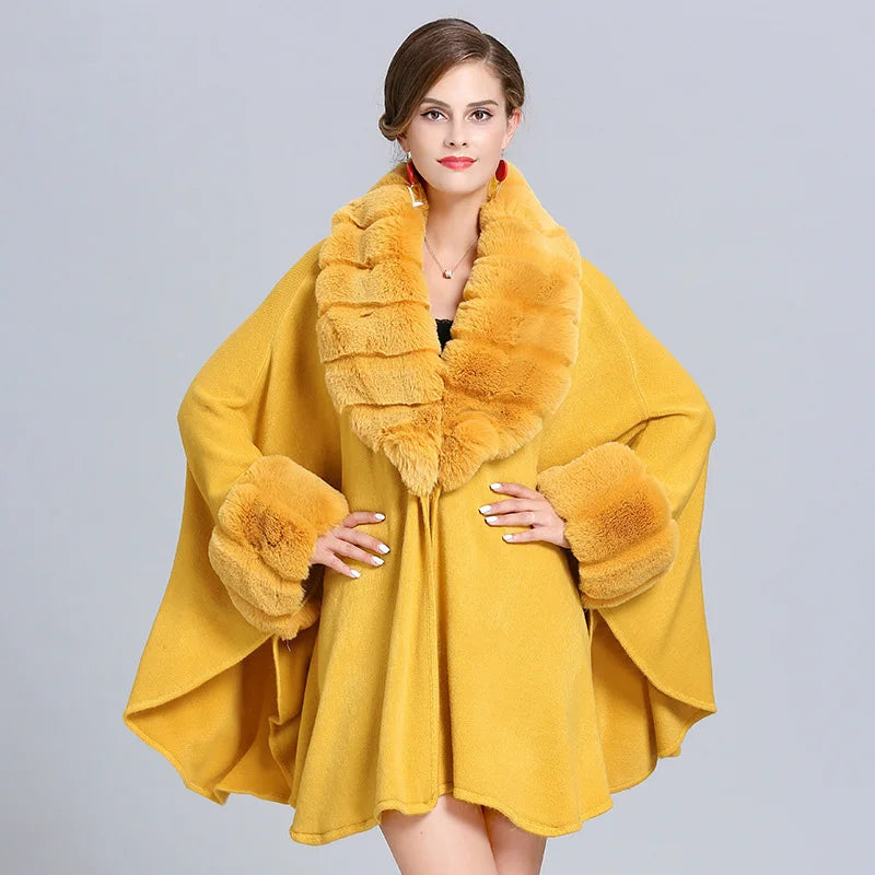 Wide Lapel Faux Rabbit Fur Cape Coat Women Winter Loose Knit Cloak Cardigan Soft Poncho Wraps Overcoat New