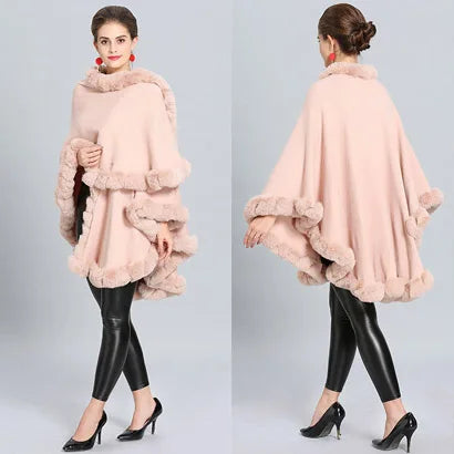 Fashion Handcraft Full Trim Faux Rex Rabbit Fur Cape Coat Loose Knit Cashmere Cloak Shawl Women Fall Winter New Pallium Outwear