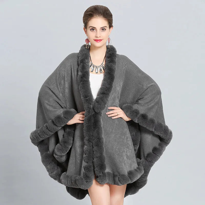 Fashion Handcraft Full Trim Faux Rex Rabbit Fur Cape Coat Loose Knit Cashmere Cloak Shawl Women Fall Winter New Pallium Outwear