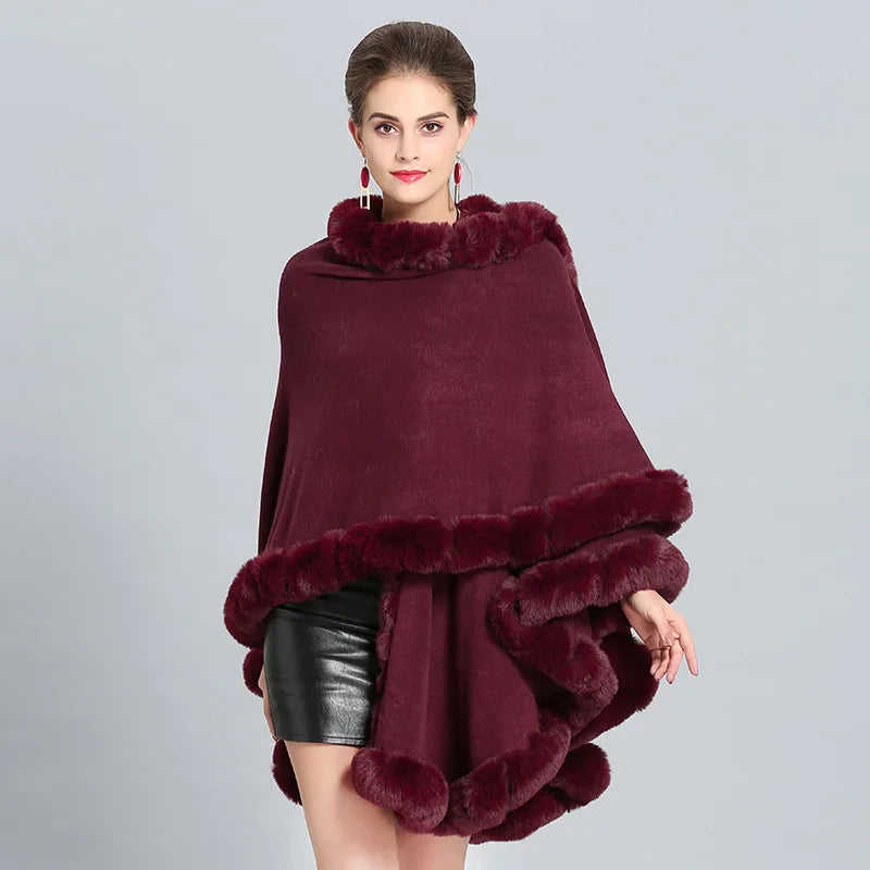 Fashion Handcraft Full Trim Faux Rex Rabbit Fur Cape Coat Loose Knit Cashmere Cloak Shawl Women Fall Winter New Pallium Outwear