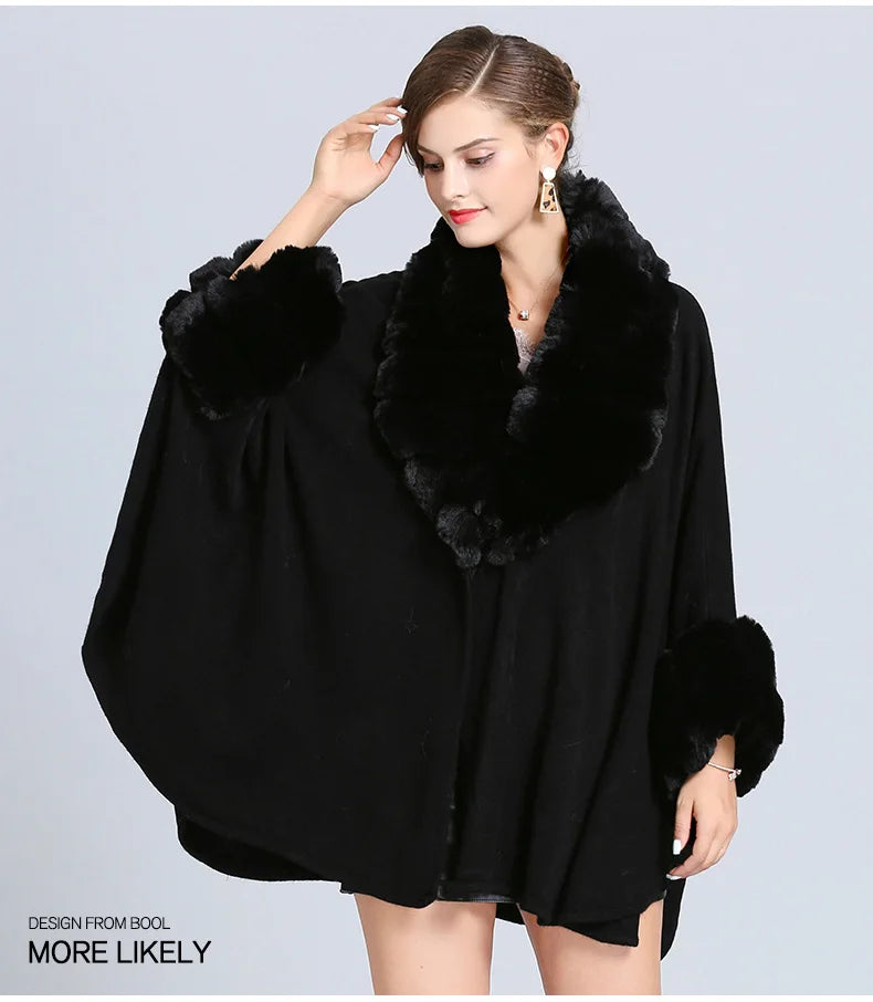 Wide Lapel Faux Rabbit Fur Cape Coat Women Winter Loose Knit Cloak Cardigan Soft Poncho Wraps Overcoat New