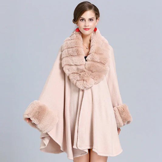 Wide Lapel Faux Rabbit Fur Cape Coat Women Winter Loose Knit Cloak Cardigan Soft Poncho Wraps Overcoat New