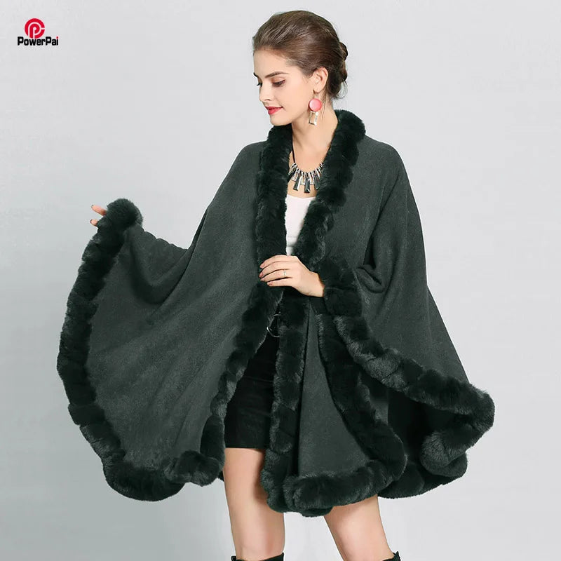 Fashion Handcraft Full Trim Faux Rex Rabbit Fur Cape Coat Loose Knit Cashmere Cloak Shawl Women Fall Winter New Pallium Outwear