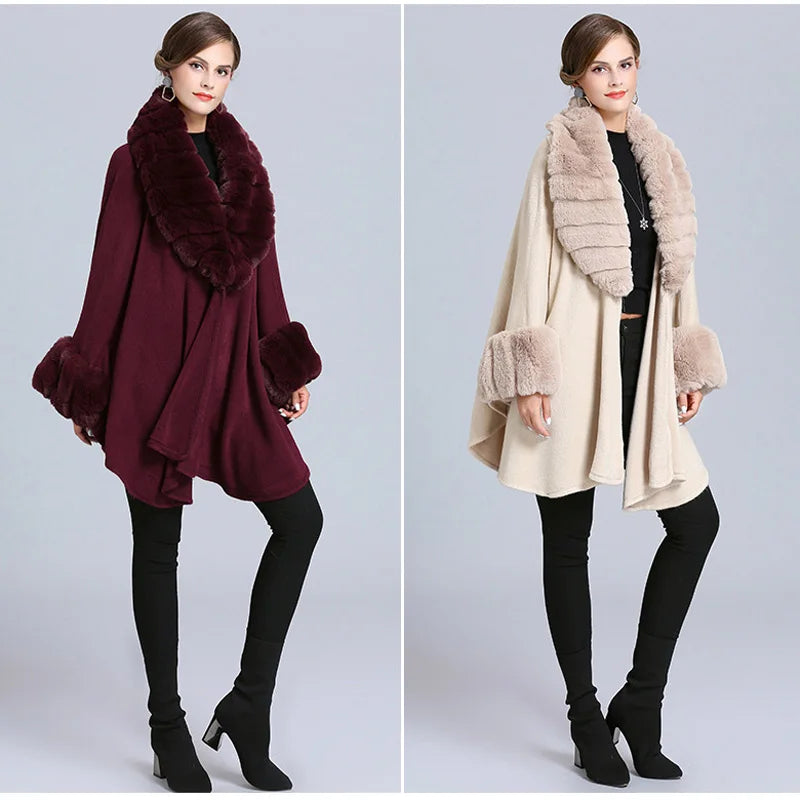 Wide Lapel Faux Rabbit Fur Cape Coat Women Winter Loose Knit Cloak Cardigan Soft Poncho Wraps Overcoat New