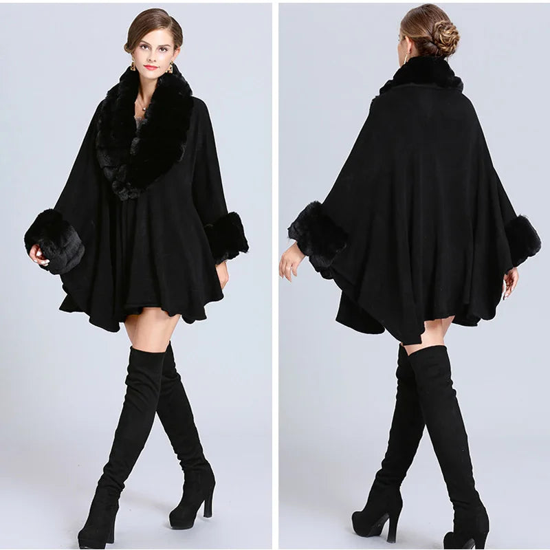 Wide Lapel Faux Rabbit Fur Cape Coat Women Winter Loose Knit Cloak Cardigan Soft Poncho Wraps Overcoat New
