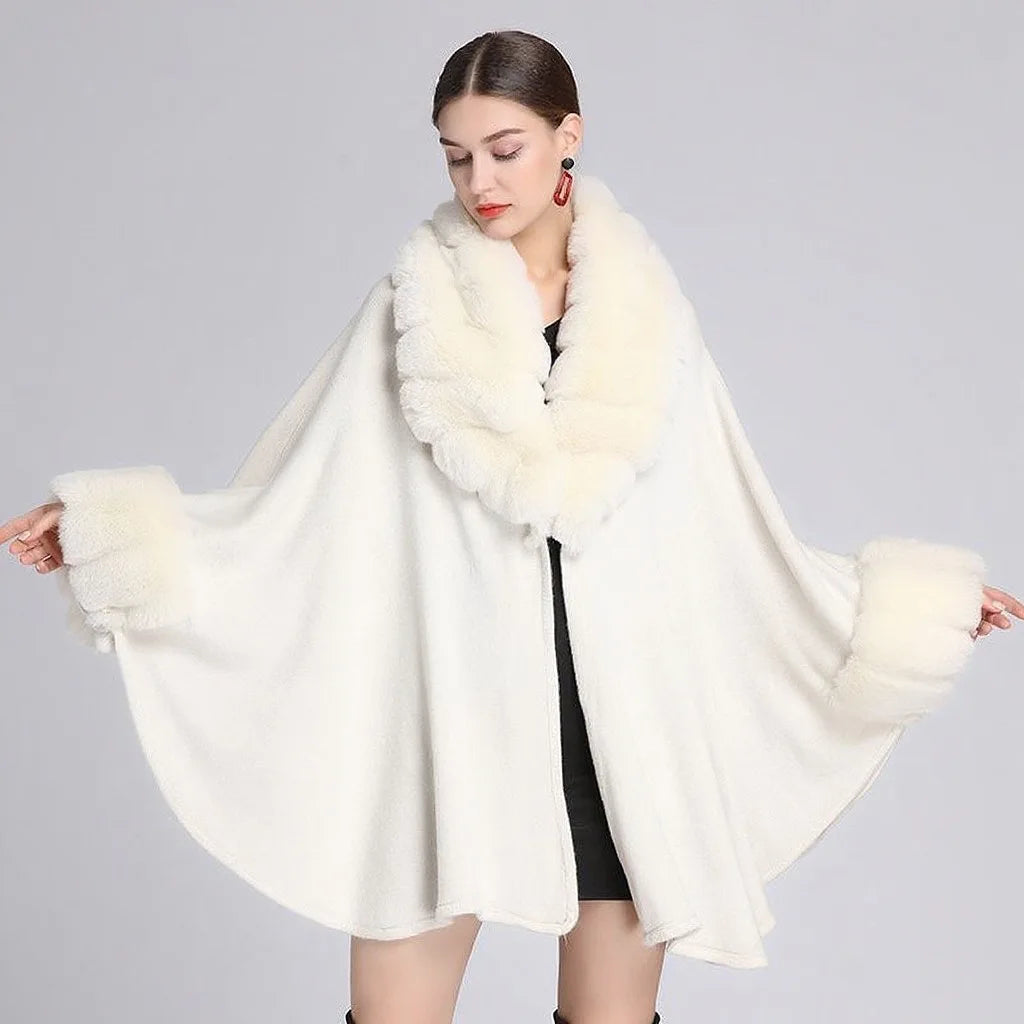 Wide Lapel Faux Rabbit Fur Cape Coat Women Winter Loose Knit Cloak Cardigan Soft Poncho Wraps Overcoat New