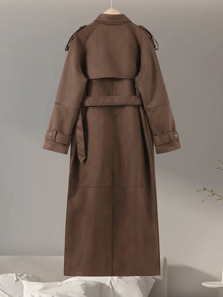 Vintage Suede Long Jackets Women Loose Lapel Double Breasted Belts Coats Female 2025 Autumn Winter Fashion Solid Thick Outwears