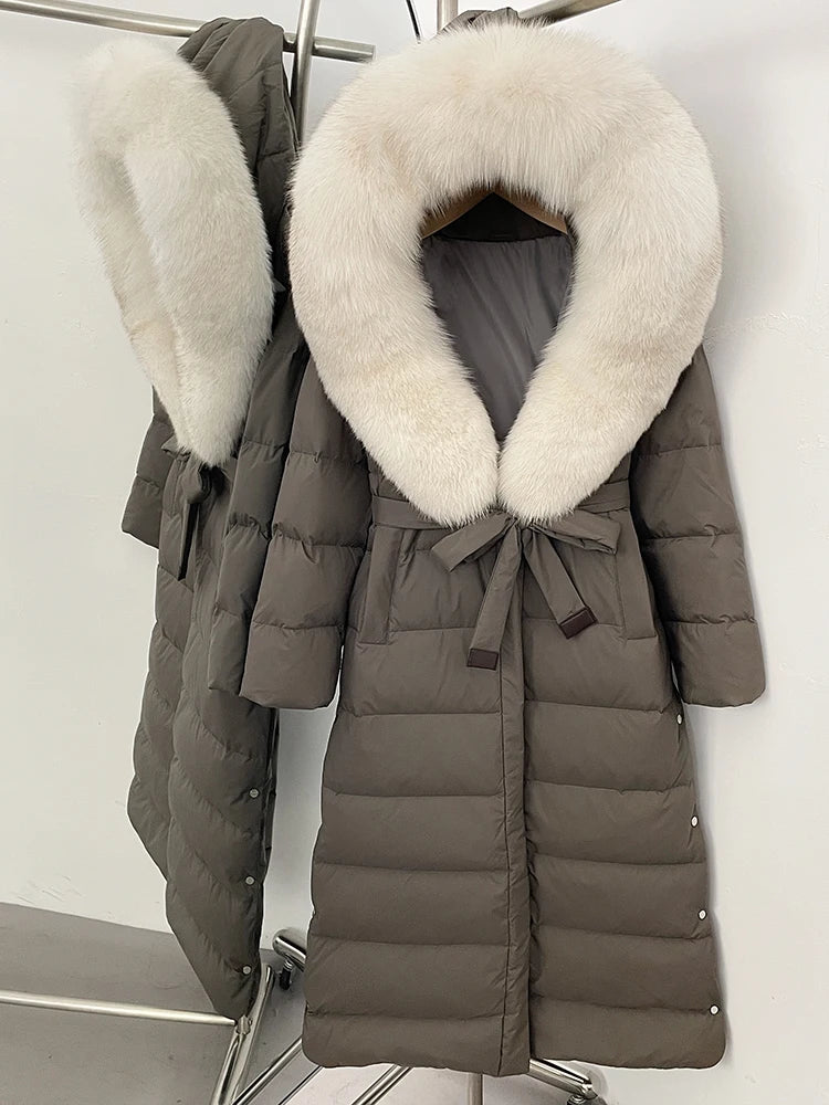 Hooded Winter White Duck Down Coat Large Real Fox Fur Collar X-Long Puffer Jacket Women Thick Female Parkas With Belt