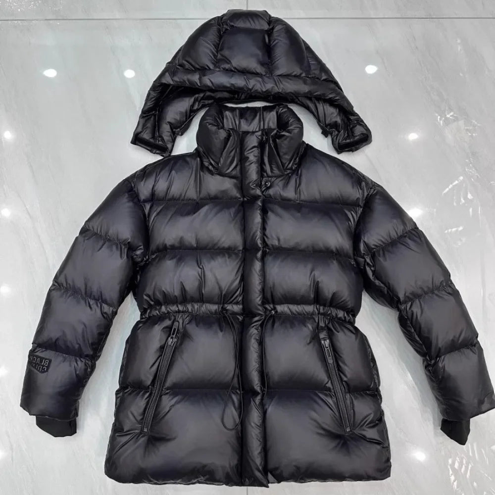CXFS 2025 New Winter High Waisted 90% White Duck Down Coat Women Hooded Loose Thickened Warm Black Extreme Cold Puffer Jacket