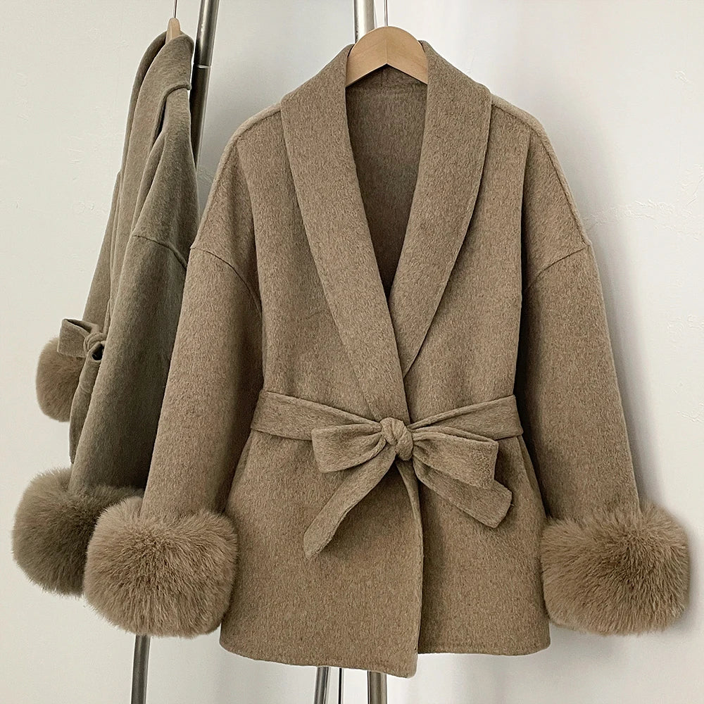 Wool Coat Faux Fur Women Overcoat Fake Fox Fur Patchwork Woolen Coat Fur Eco-friendly Lady Wool Jacket Artificial Autumn Spring