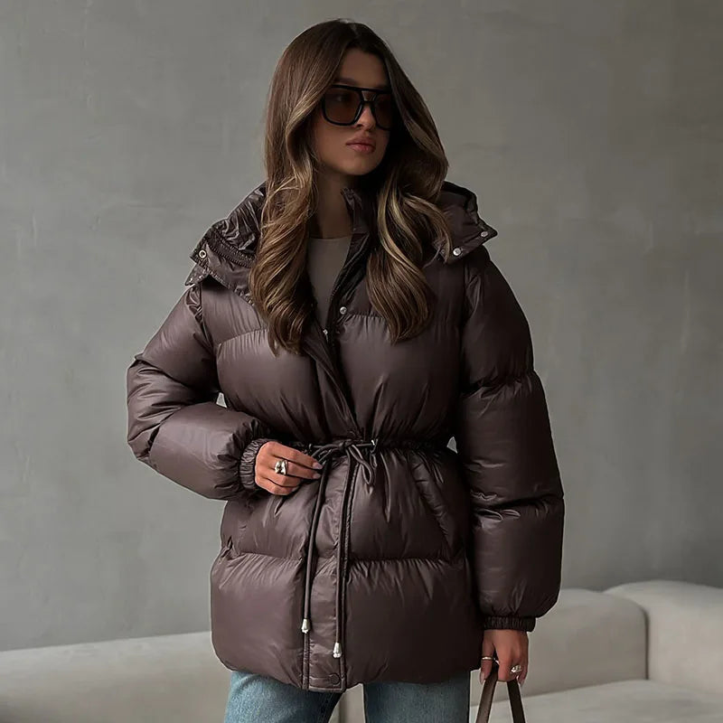 Retro Hooded Drawstring Padded Coat Women Fashion Casual Single Breasted Waist-cinching Cotton Coats Lady Winter Street Outwear