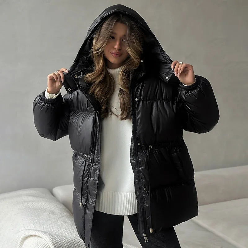 Retro Hooded Drawstring Padded Coat Women Fashion Casual Single Breasted Waist-cinching Cotton Coats Lady Winter Street Outwear