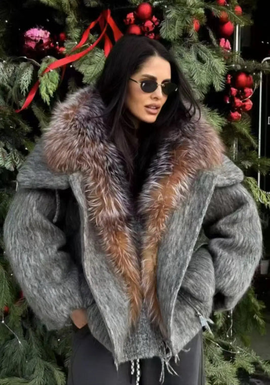 New Winter Fashion Wool Coat – Splicing Down Jacket with Oversized Fox Fur Collar