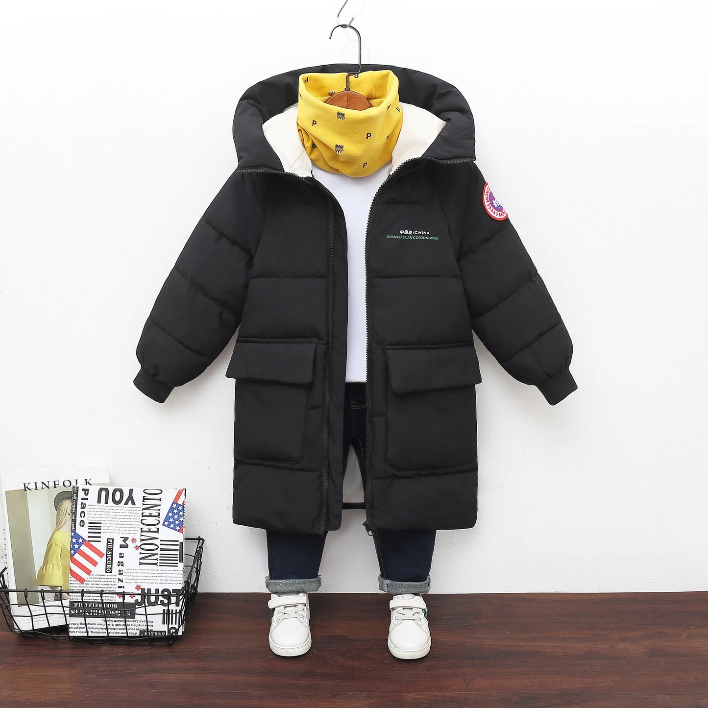 Children Down Cotton Winter Jacket Baby Boys Girls Korean Version Style Medium And Long Size Hooded Coat Baby Outerwear