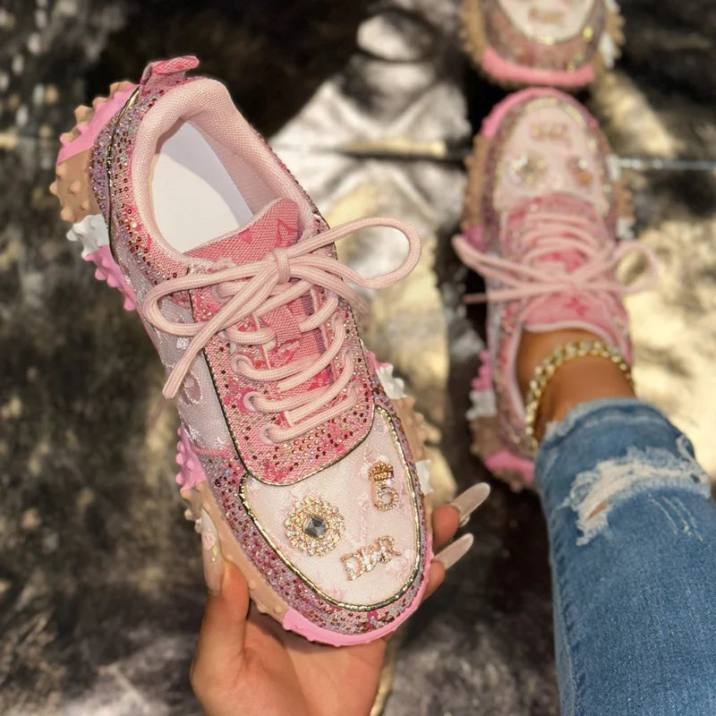 Luxury Designer Women’s Sneakers – Rhinestone Platform Sports Shoes