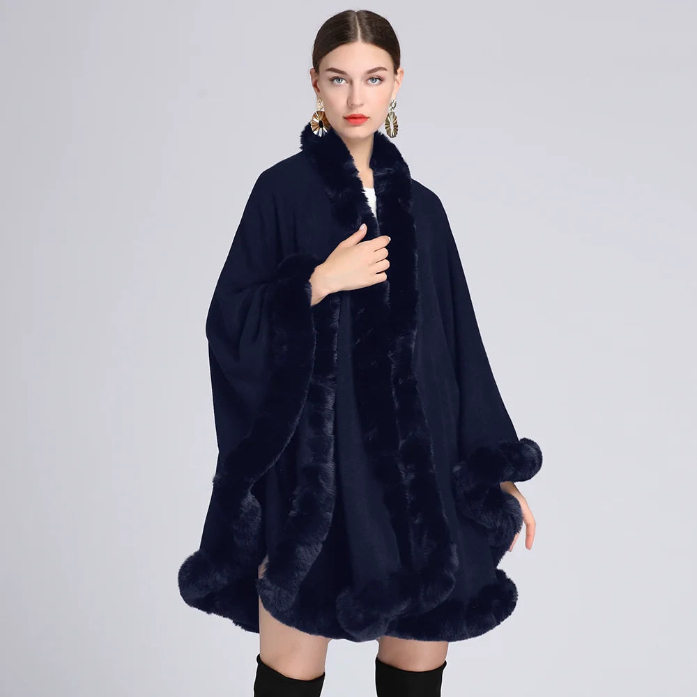 Fashion Handcraft Full Trim Faux Rex Rabbit Fur Cape Coat Loose Knit Cashmere Cloak Shawl Women Fall Winter New Pallium Outwear