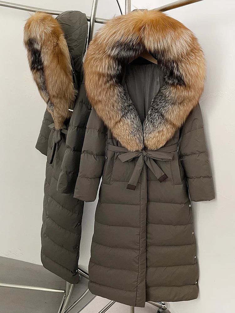 Hooded Winter White Duck Down Coat Large Real Fox Fur Collar X-Long Puffer Jacket Women Thick Female Parkas With Belt