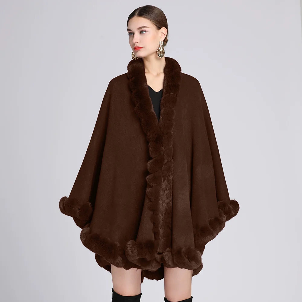 Fashion Handcraft Full Trim Faux Rex Rabbit Fur Cape Coat Loose Knit Cashmere Cloak Shawl Women Fall Winter New Pallium Outwear