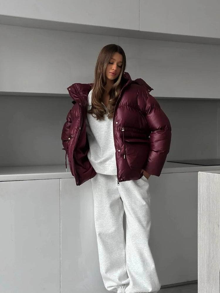 Retro Hooded Drawstring Padded Coat Women Fashion Casual Single Breasted Waist-cinching Cotton Coats Lady Winter Street Outwear