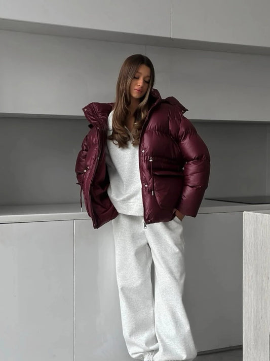 Retro Hooded Drawstring Padded Coat Women Fashion Casual Single Breasted Waist-cinching Cotton Coats Lady Winter Street Outwear