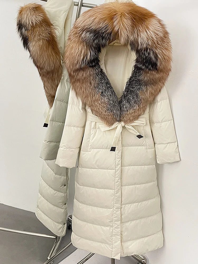 Hooded Winter White Duck Down Coat Large Real Fox Fur Collar X-Long Puffer Jacket Women Thick Female Parkas With Belt