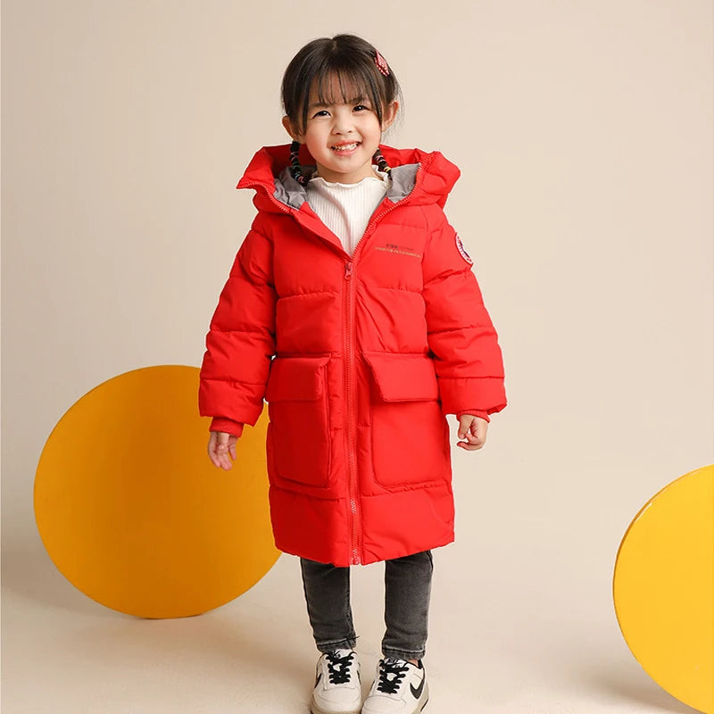 Children Down Cotton Winter Jacket Baby Boys Girls Korean Version Style Medium And Long Size Hooded Coat Baby Outerwear