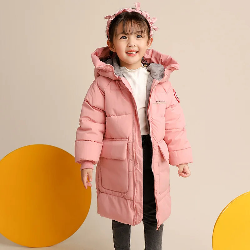 Children Down Cotton Winter Jacket Baby Boys Girls Korean Version Style Medium And Long Size Hooded Coat Baby Outerwear