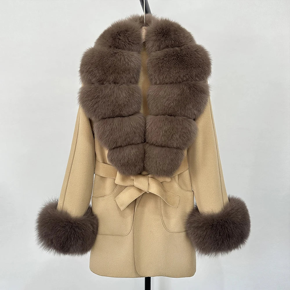 Fur Coat Natural Fur Collar Real Fox Fur Overcoat Female 2025 Autumn Winter Wool Coat Women Clothes Cuffs Woolen Jacket
